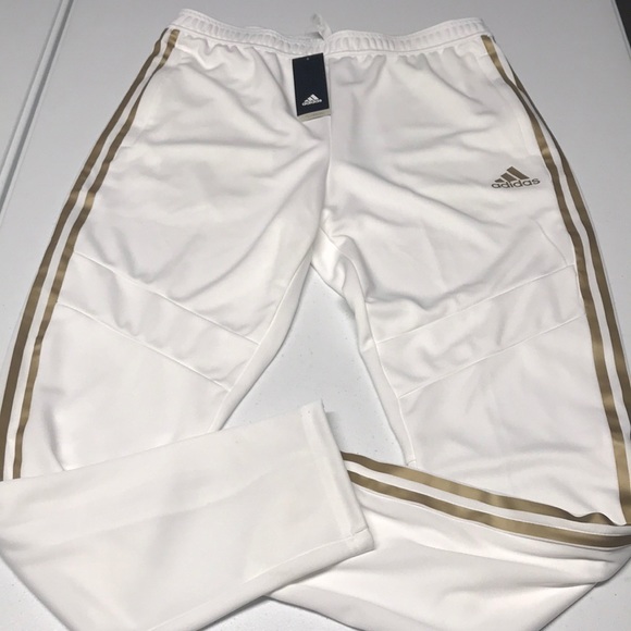 🆕 ADIDAS Mens White / Gold Striped Tapered Pants - Picture 2 of 5